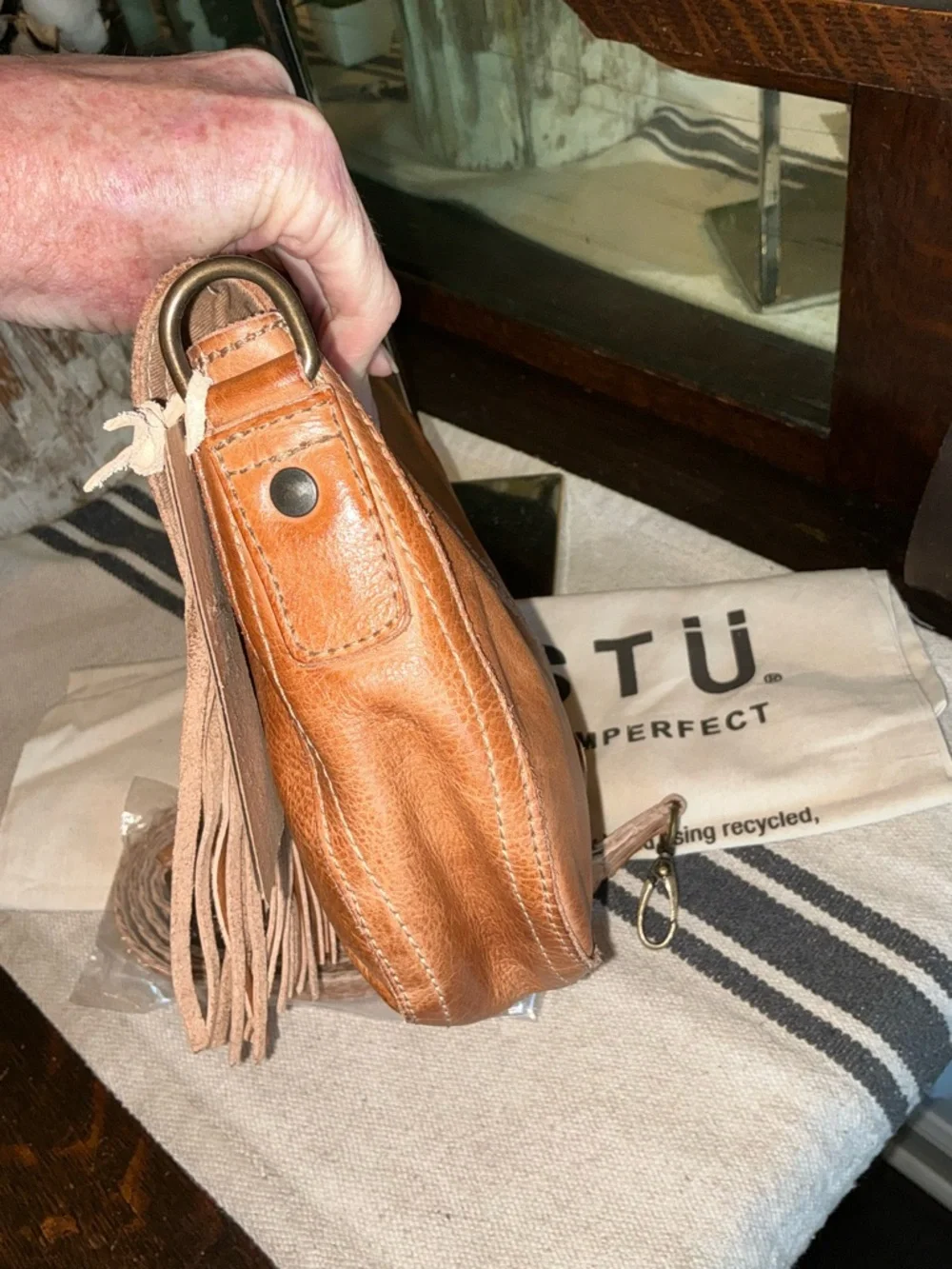 NWT Bed Stu Leather Eastend Fringe Crossbody Bag Tan Dip Dyed Retail $165